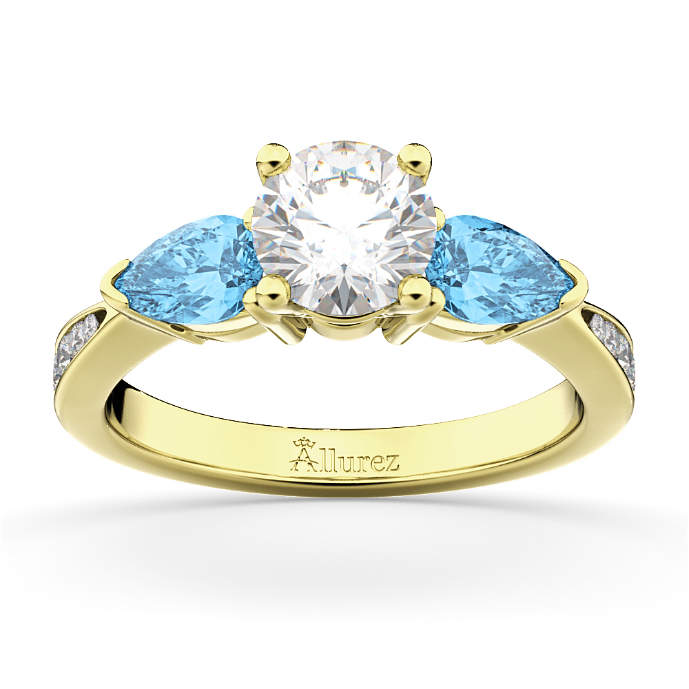 Round Diamond & Pear Blue Topaz Engagement Ring 18k Yellow Gold (1.79ct)