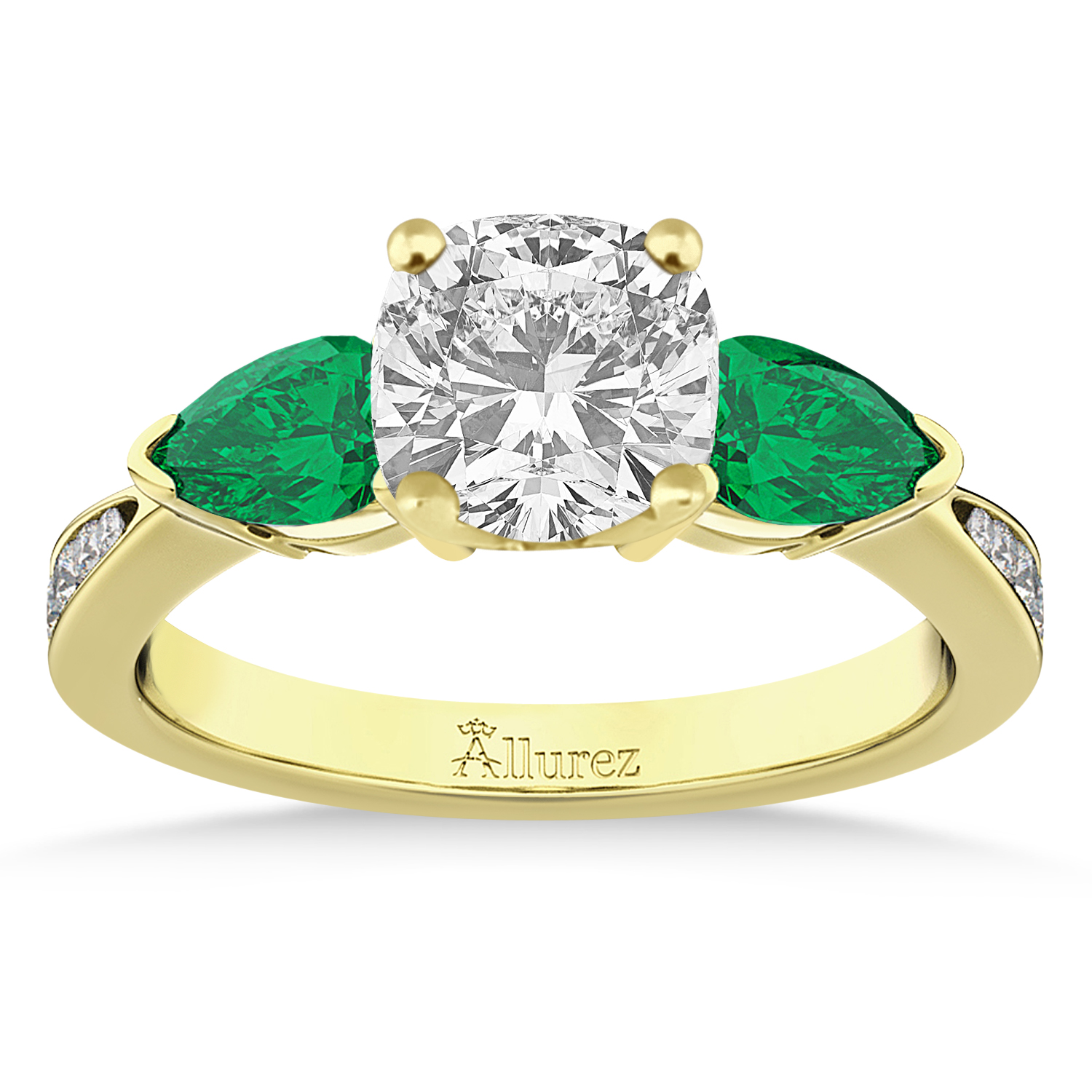 Cushion Diamond & Pear Green Emerald Engagement Ring 18k Yellow Gold (1.29ct)