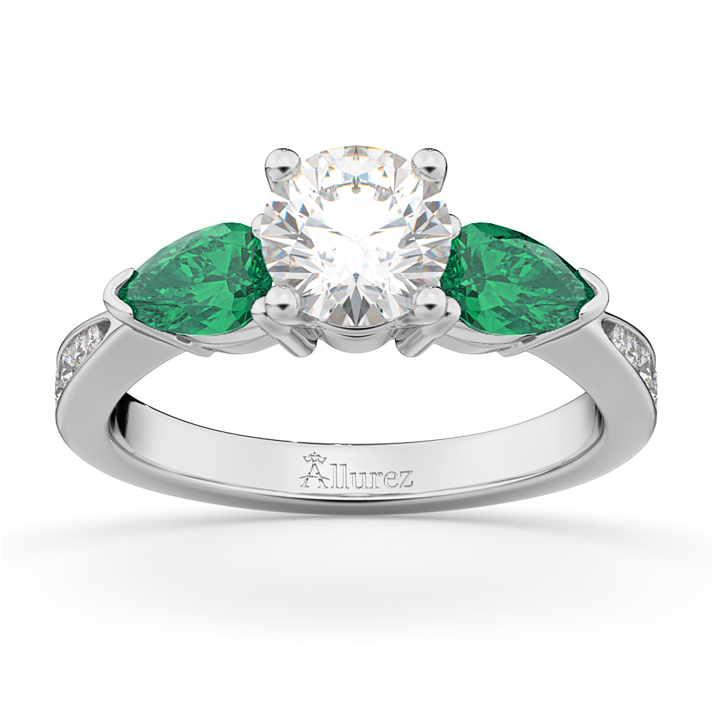 Round Diamond & Pear Green Emerald Engagement Ring in Palladium (1.29ct)