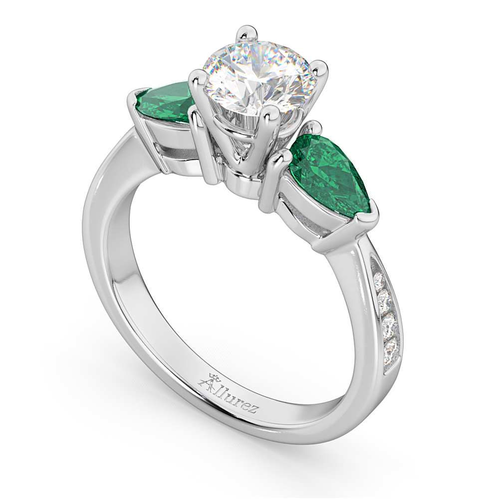 Round Diamond & Pear Green Emerald Engagement Ring in Palladium (1.29ct)