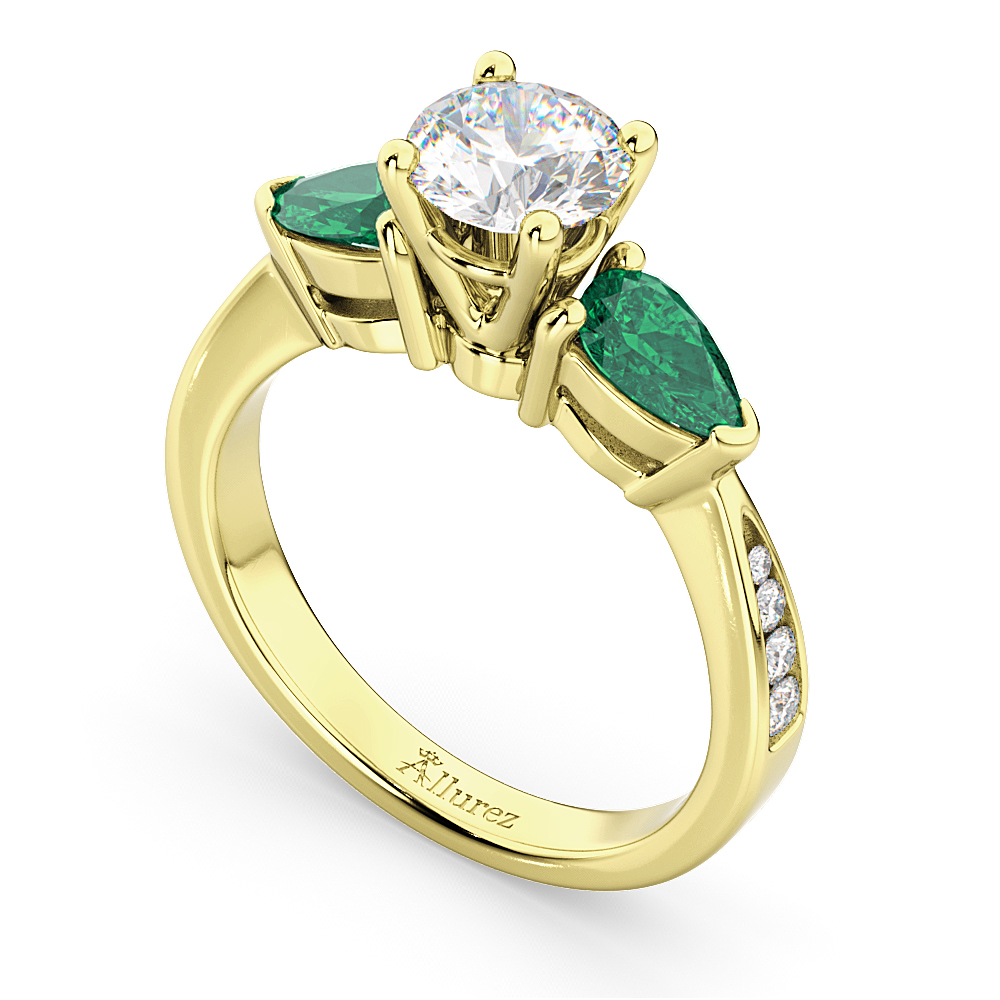 Round Diamond & Pear Green Emerald Engagement Ring 14k Yellow Gold (1.79ct)