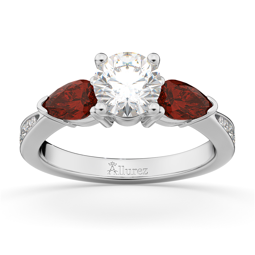 Round Diamond & Pear Garnet Engagement Ring in Palladium (1.79ct)