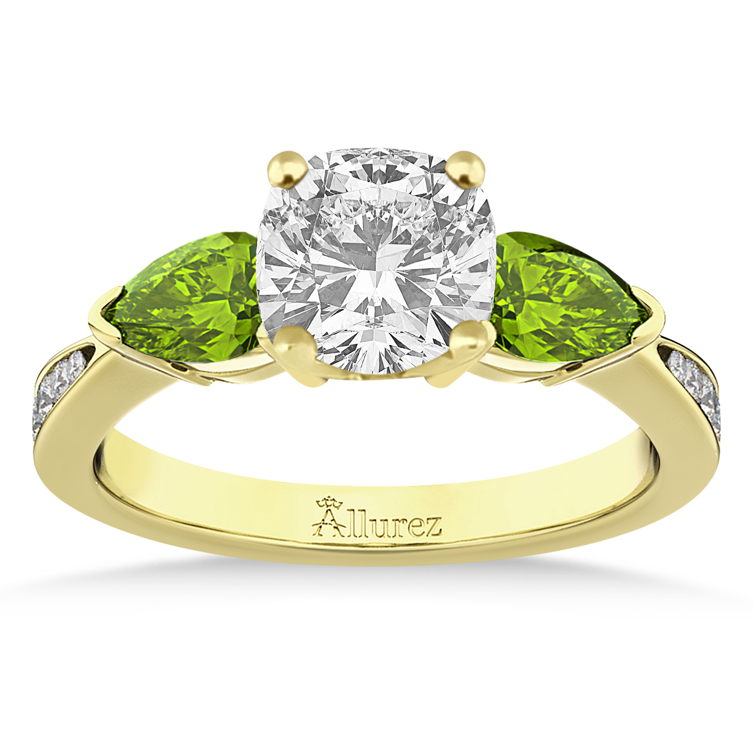 Cushion Diamond & Pear Peridot Engagement Ring 18k Yellow Gold (1.29ct)