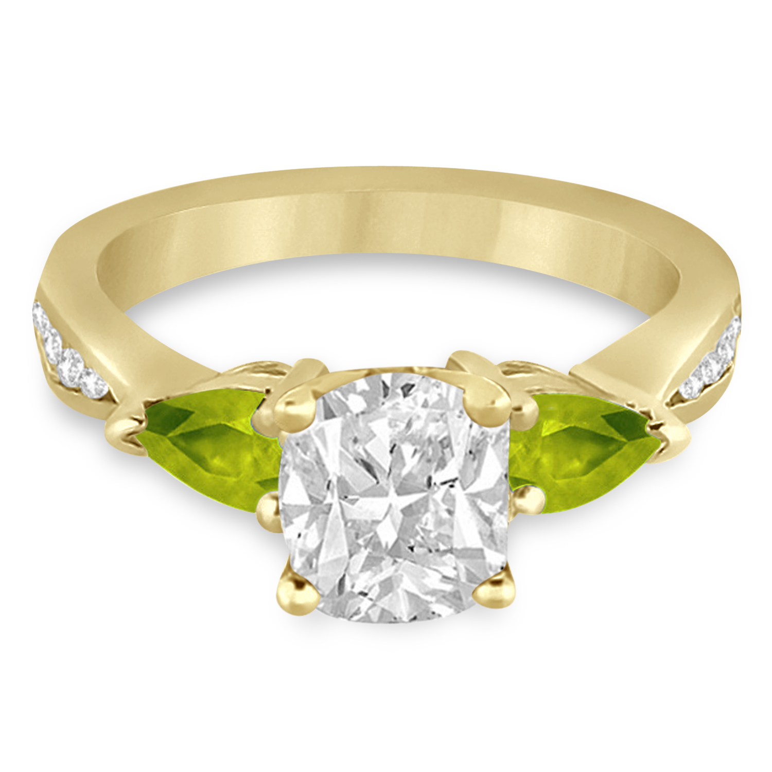 Cushion Diamond & Pear Peridot Engagement Ring 18k Yellow Gold (1.29ct)