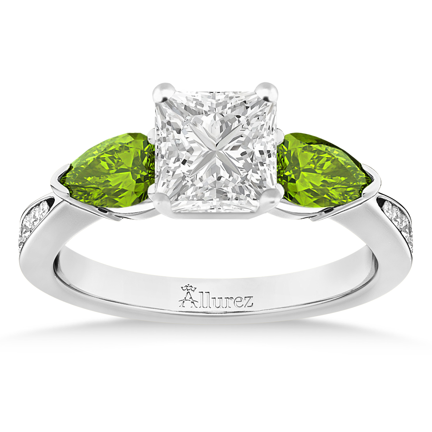 Princess Diamond & Pear Peridot Engagement Ring 18k White Gold (1.29ct)