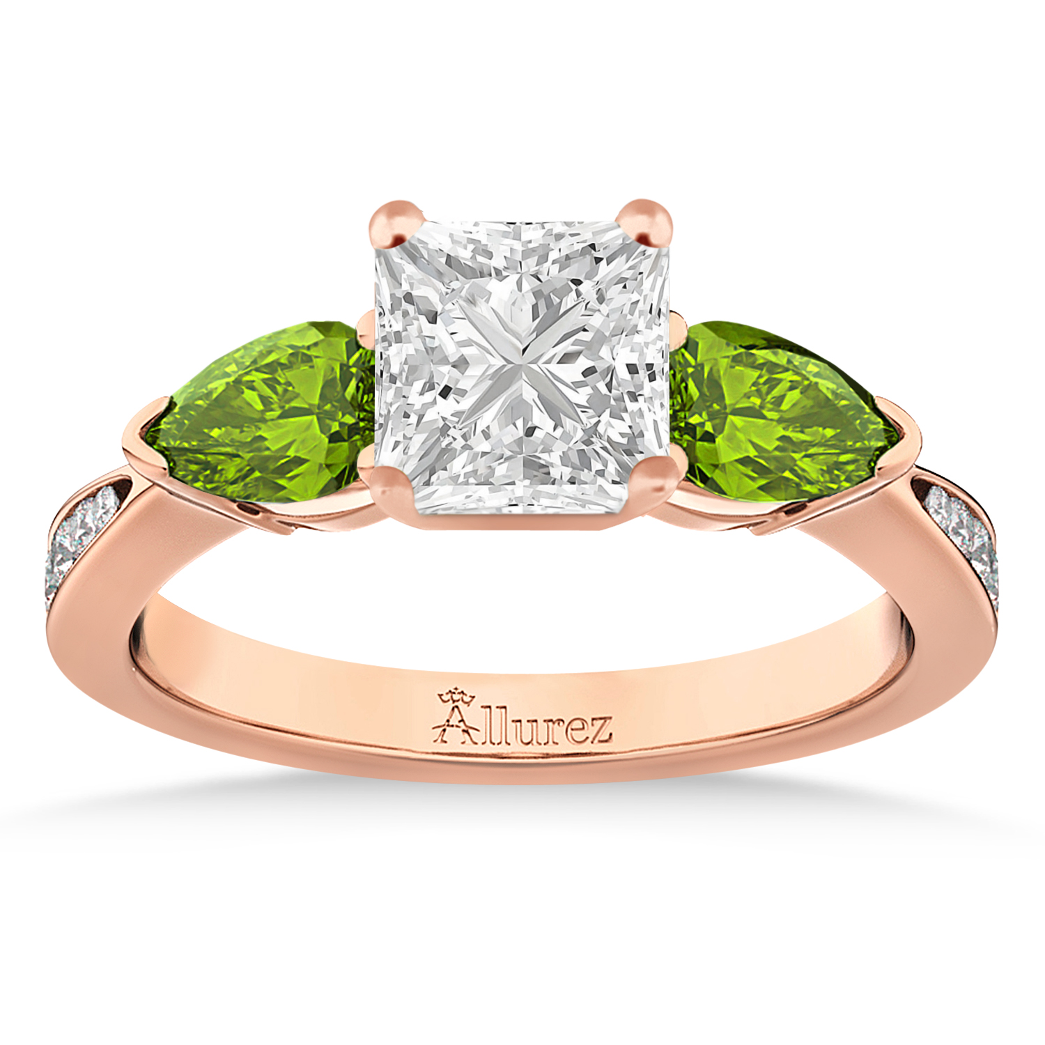 Princess Diamond & Pear Peridot Engagement Ring 18k Rose Gold (1.79ct)