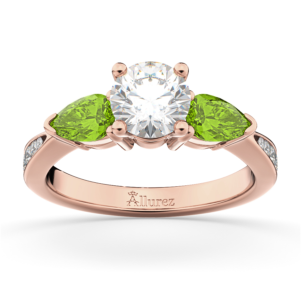 Round Diamond & Pear Peridot Engagement Ring 14k Rose Gold (1.79ct)