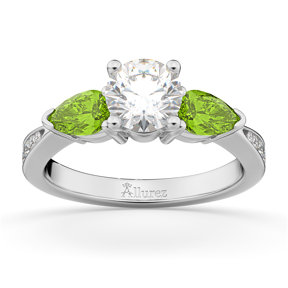 Round Diamond & Pear Peridot Engagement Ring in Platinum (1.79ct)
