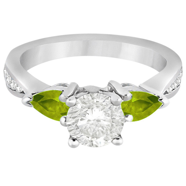 Diamond & Pear Peridot Engagement Ring 14k White Gold (0.79ct)