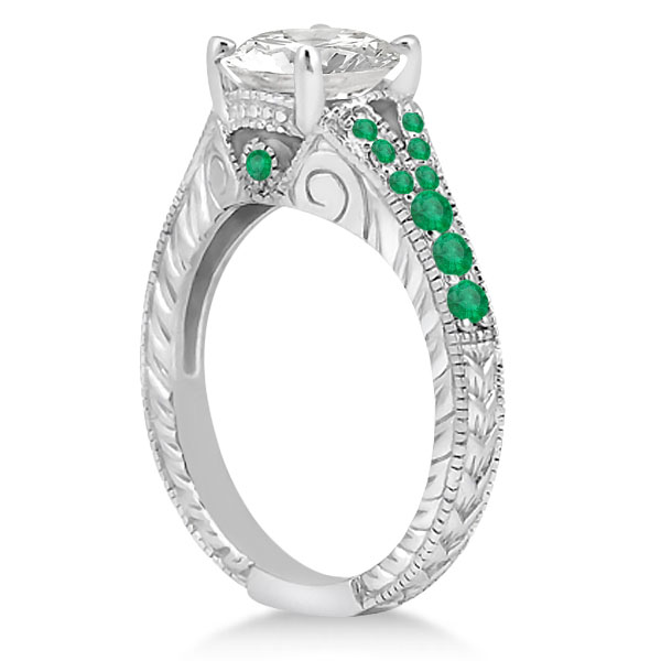 Antique Style Art Deco Emerald Engagement Ring 14k White Gold (0.33ct)