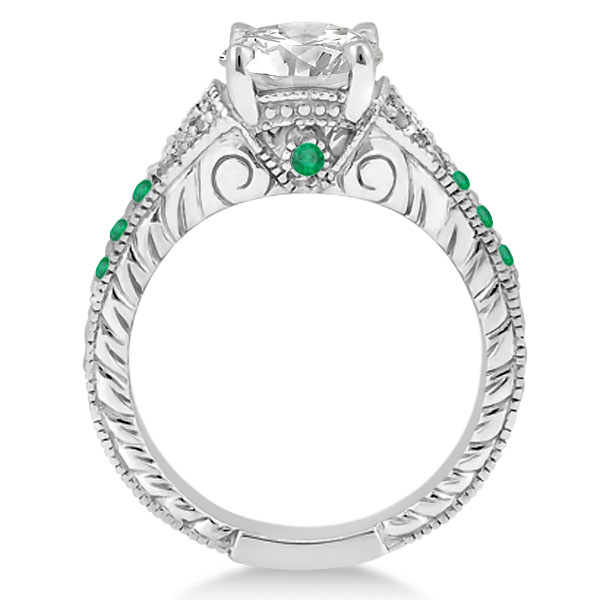 Antique Style Art Deco Emerald Engagement Ring 14k White Gold (0.33ct)