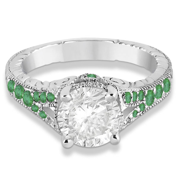 Antique Style Art Deco Emerald Engagement Ring 14k White Gold (0.33ct)
