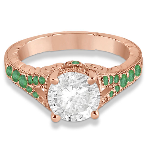 Antique Style Art Deco Emerald Engagement Ring 18k Rose Gold (0.33ct)