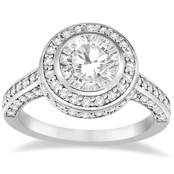 Diamond Pave Halo Engagement Ring Setting 18k White Gold 1.06ct