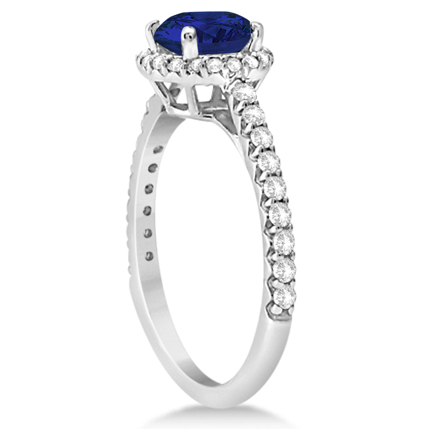 Halo Blue Sapphire & Diamond Engagement Ring  14K White Gold 1.91ct