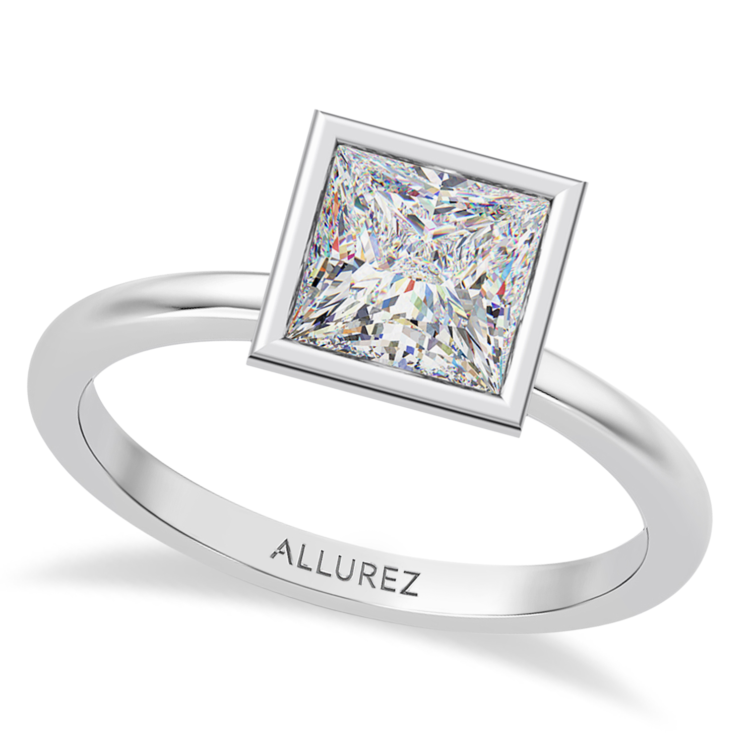 Princess Cut Lab Grown Diamond Bezel Engagement Ring 14K White Gold (1.50ct)