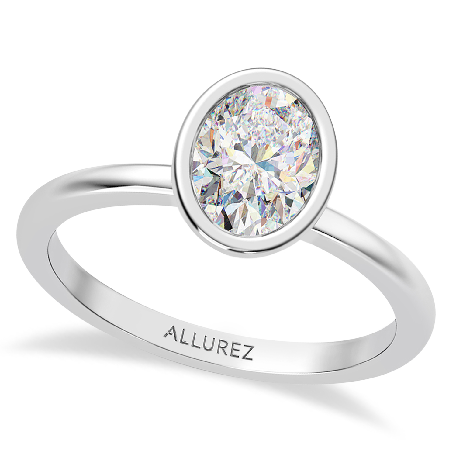 Oval Lab Grown Diamond Bezel Engagement Ring 14K White Gold (1.50ct)