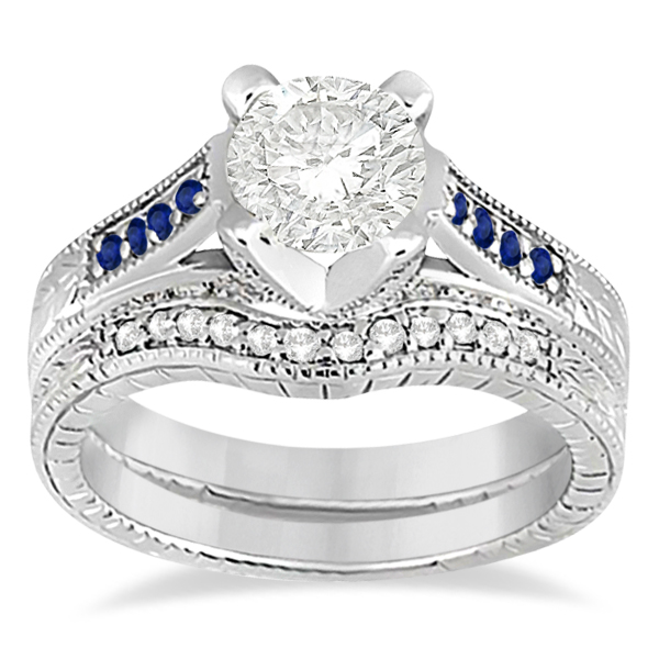 Pave Antique Blue Sapphire & Diamond Bridal Set Platinum (0.60ct)
