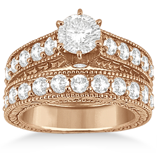 Antique Diamond Wedding & Engagement Ring Set 18k Rose Gold (2.15ct)