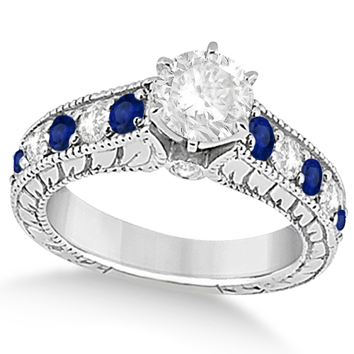 Antique Diamond & Blue Sapphire Bridal Ring Set 14k White Gold (3.87ct)