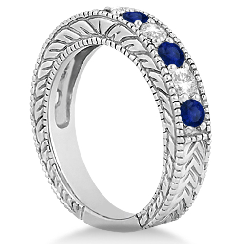 Antique Diamond & Blue Sapphire Bridal Ring Set 14k White Gold (3.87ct)