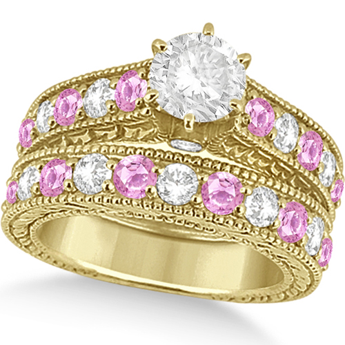 Antique Diamond & Pink Sapphire Bridal Ring Set 18k Yellow Gold (3.87ct)