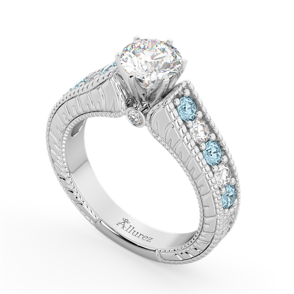 Vintage Diamond & Aquamarine Engagement Ring Setting 14k White Gold (1.35ct)