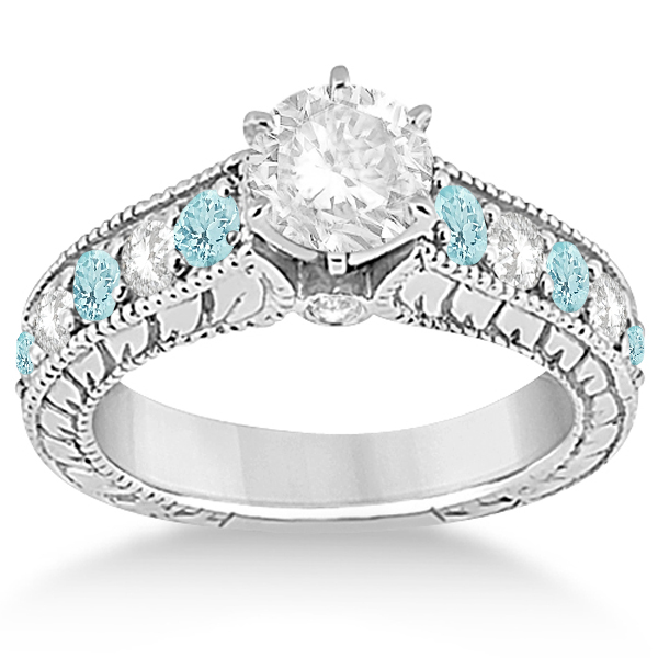 Antique Diamond & Aquamarine Bridal Wedding Ring Set in Palladium (2.75ct)