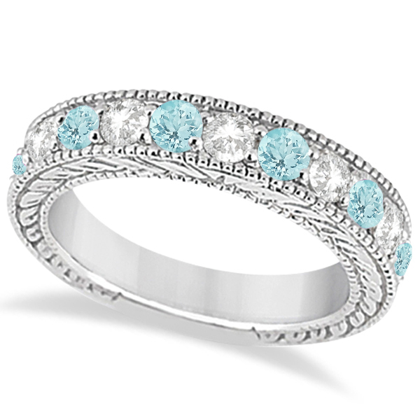 Antique Diamond & Aquamarine Bridal Wedding Ring Set in Palladium (2.75ct)