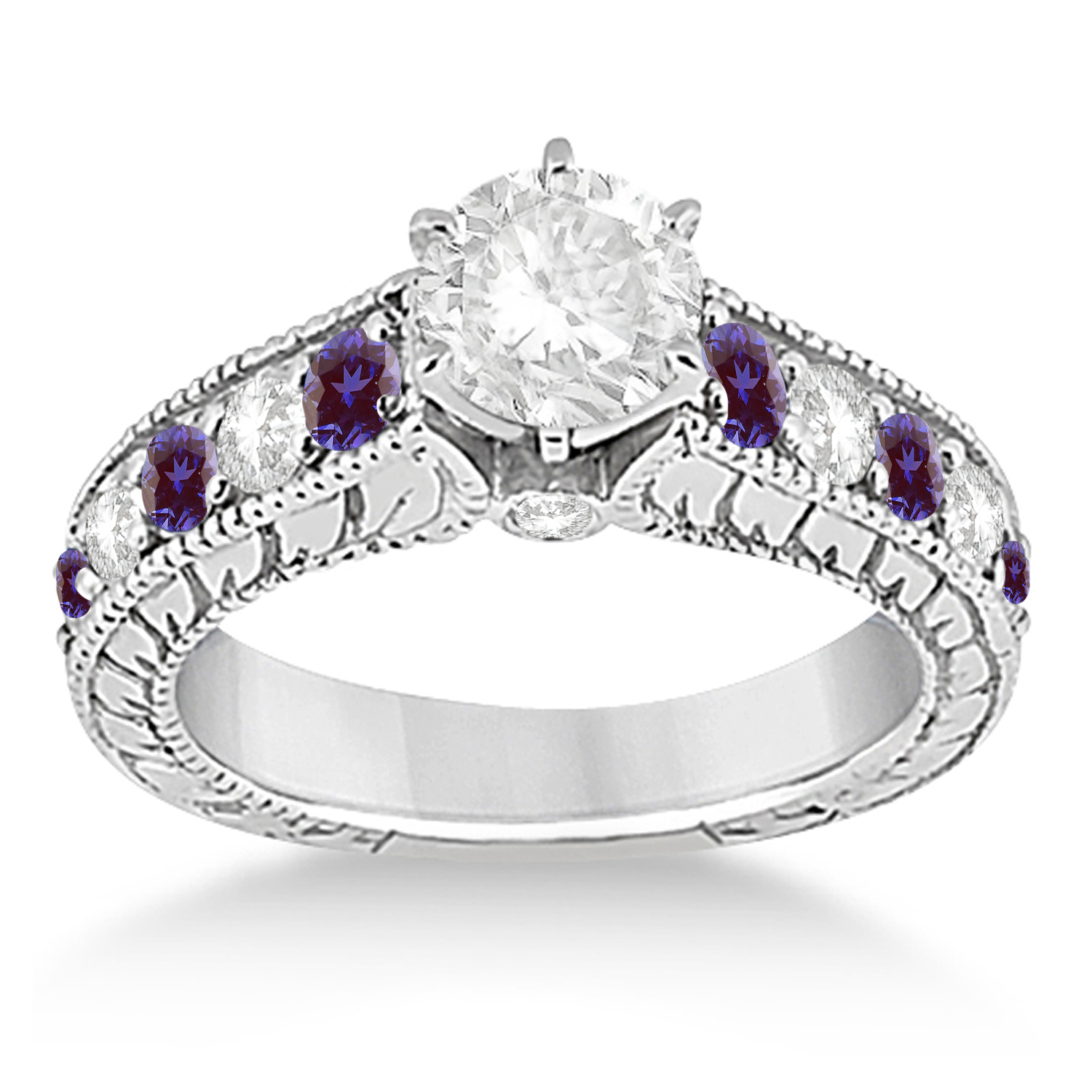 Antique Diamond & Lab Alexandrite Bridal Ring Set 18k White Gold (2.87ct)
