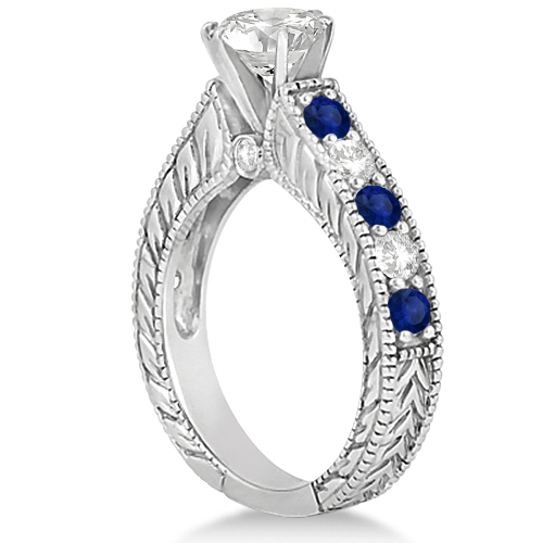 Antique Diamond & Sapphire Bridal Ring Set 18k White Gold (2.87ct)