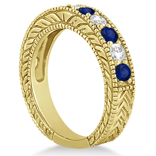 Antique Diamond & Sapphire Wedding Ring Band 18k Yellow Gold (1.46ct)