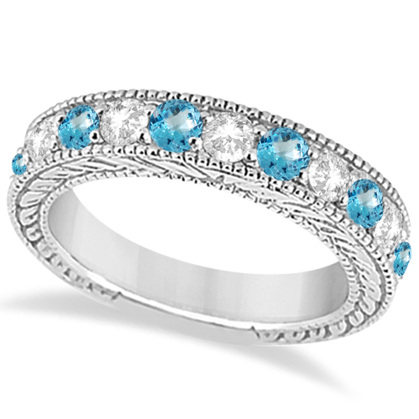 Antique Diamond & Blue Topaz Bridal Wedding Ring Set 14k White Gold (2.75ct)