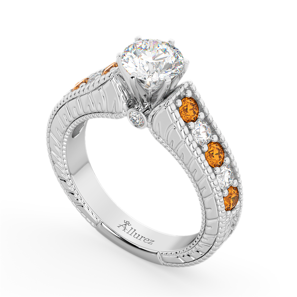 Vintage Diamond & Citrine Engagement Ring Setting 18k White Gold (1.35ct)