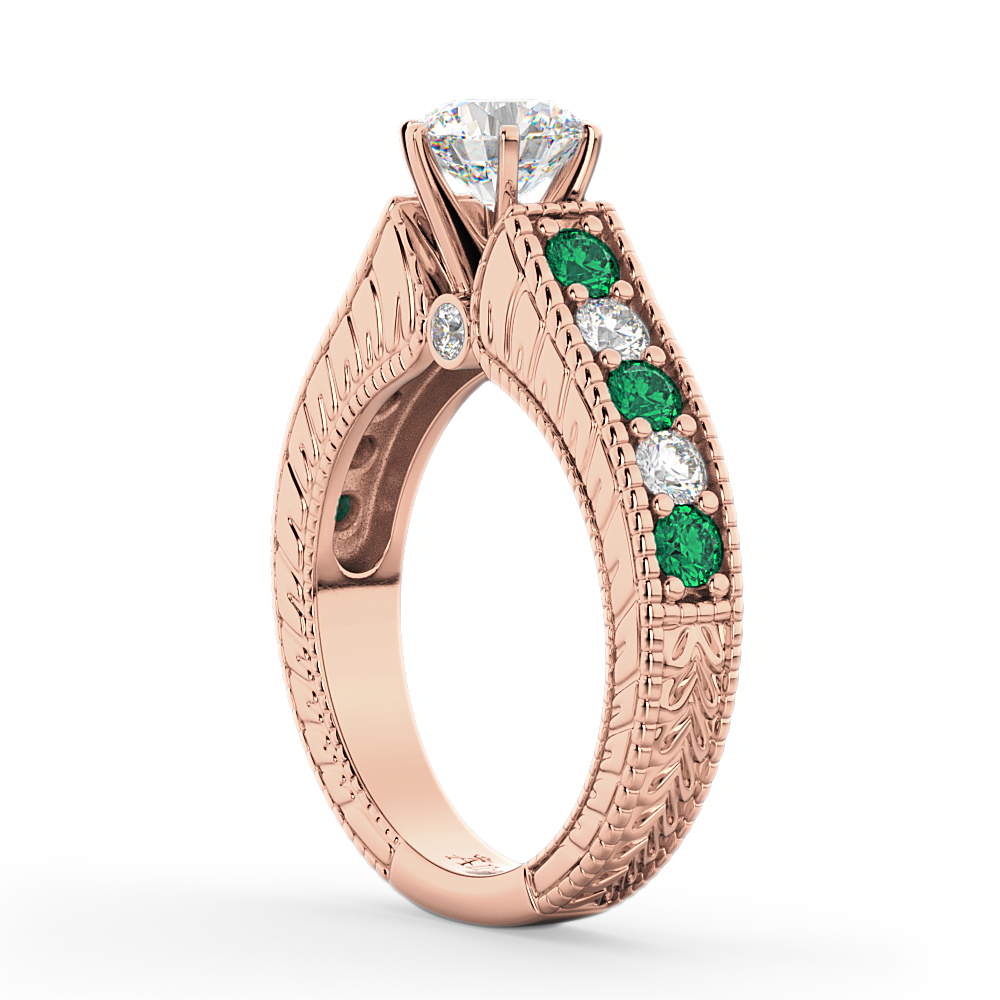 Vintage Diamond & Emerald Engagement Ring 18k Rose Gold (1.23ct)