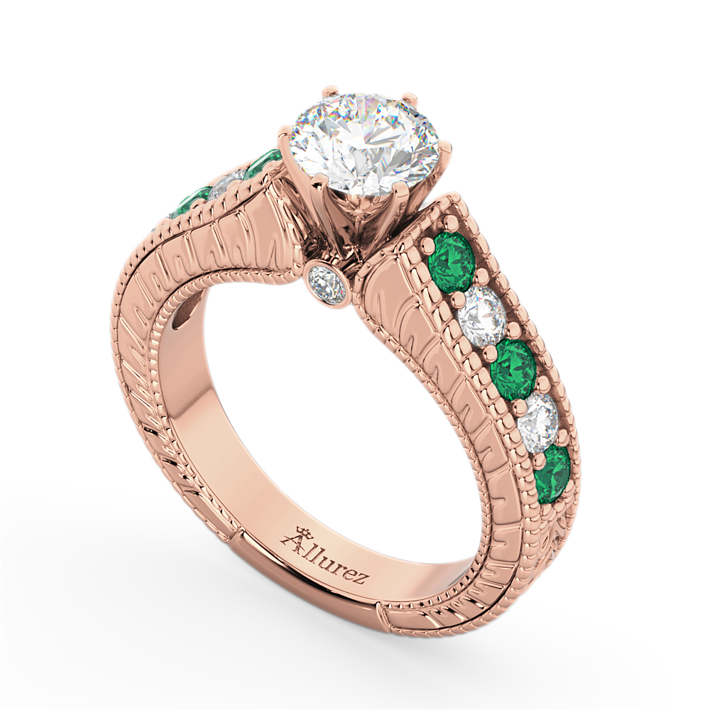 Vintage Diamond & Emerald Engagement Ring 18k Rose Gold (1.23ct)