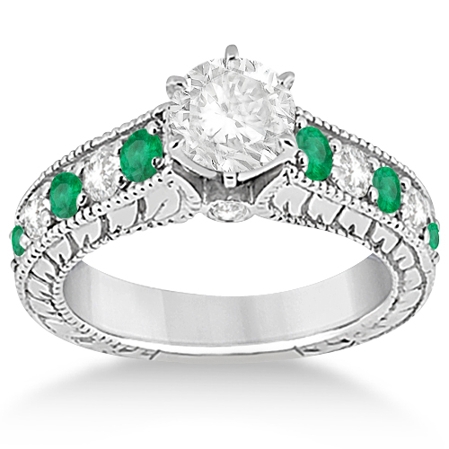 Antique Diamond & Emerald Bridal Ring Set 18k White Gold (2.51ct)