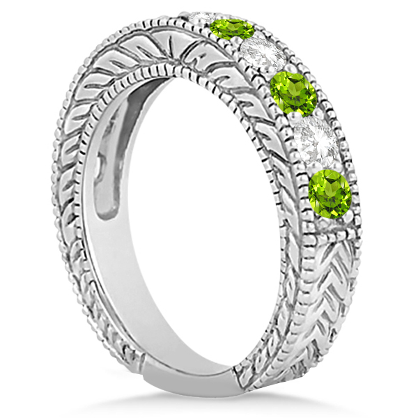 Antique Diamond & Peridot Bridal Wedding Ring Set 14k White