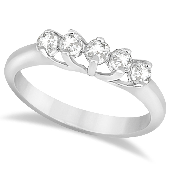 Five Stone Diamond Bridal Set Ring and Band in 14k White Gold (0.90ct)