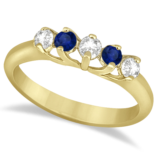 Five Stone Diamond and Sapphire Bridal Ring Set 14k Yellow Gold (1.10ct)