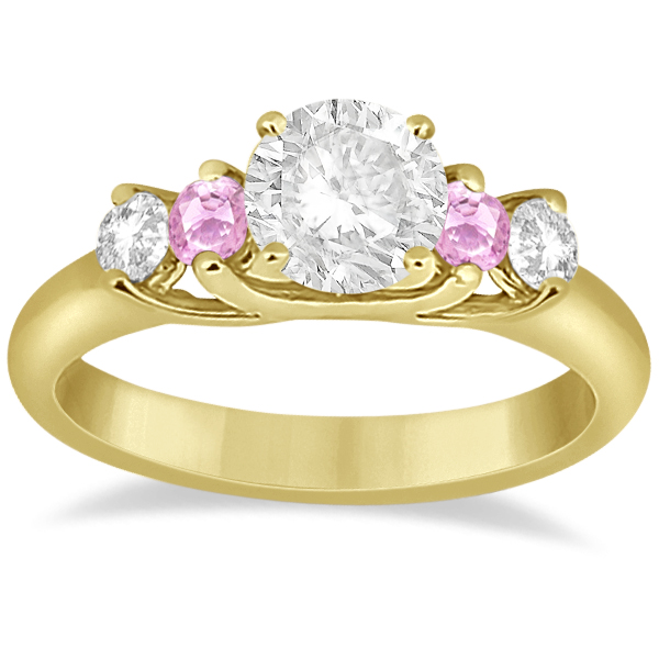 5 Stone Diamond & Pink Sapphire Bridal Ring Set 14k Yellow Gold, 1.10ct