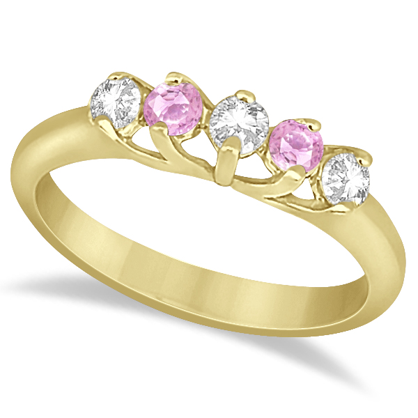 5 Stone Diamond & Pink Sapphire Bridal Ring Set 14k Yellow Gold, 1.10ct