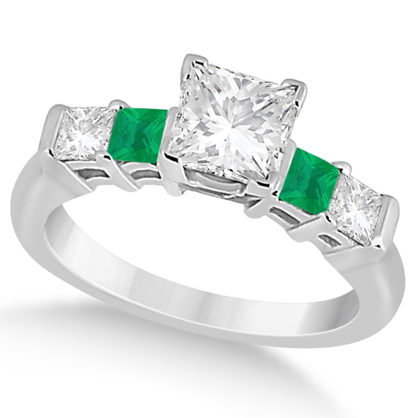 5 Stone Princess Diamond & Emerald Engagement Ring 18K W. Gold 0.46ct
