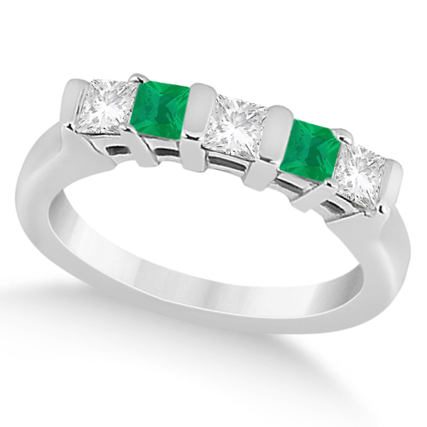 5 Stone Diamond & Green Emerald Bridal Ring Set Palladium 1.02ct