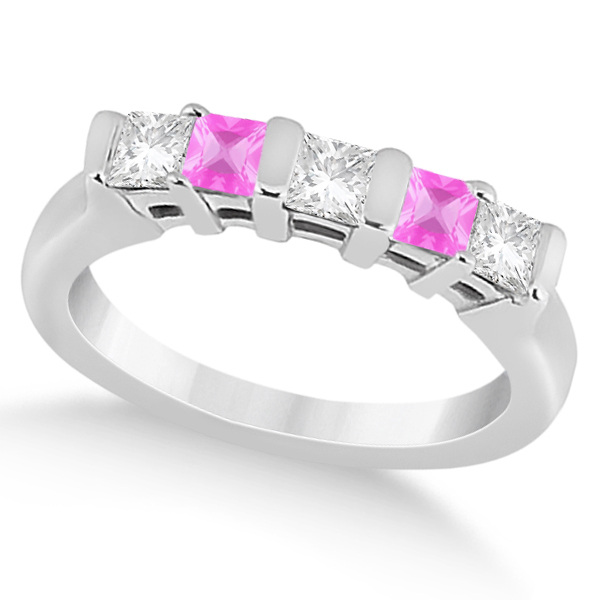 5 Stone Diamond & Pink Sapphire Bridal Set 14K White Gold 1.02ct