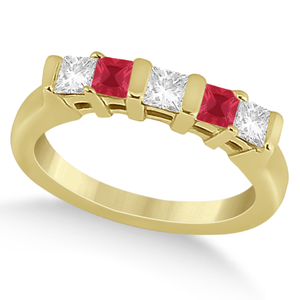 5 Stone Princess Diamond & Ruby Bridal Ring Set 14K Yellow Gold 1.02ct