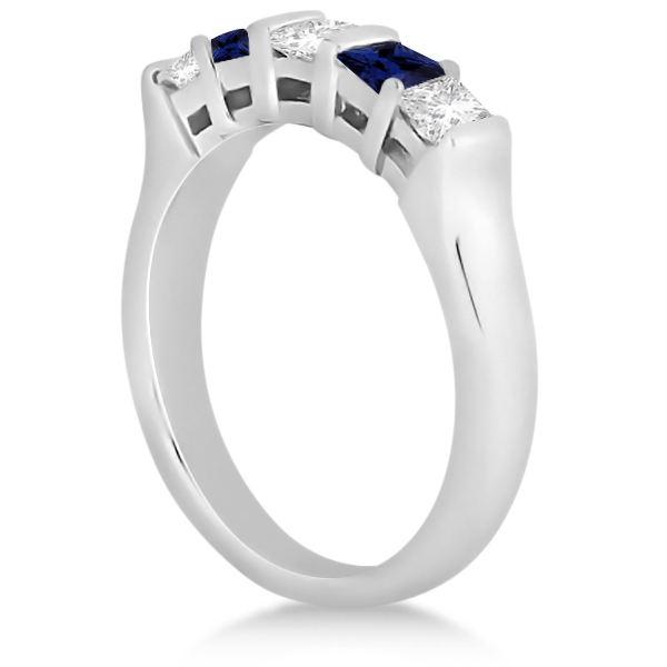 5 Stone Diamond & Blue Sapphire Princess Ring 14K White Gold 0.56ct