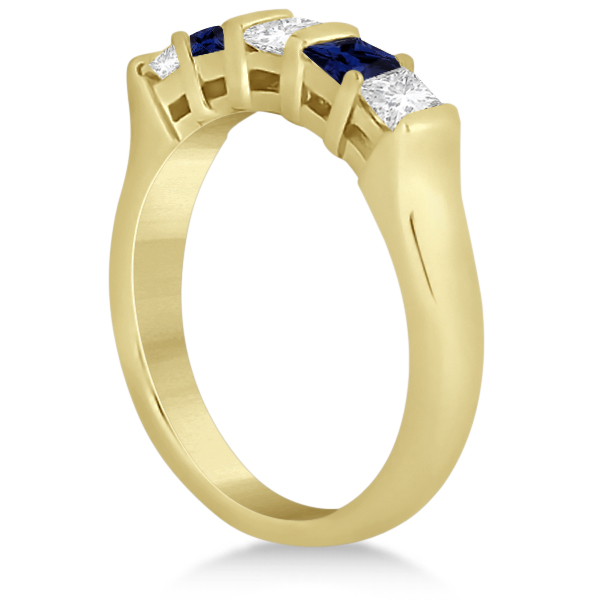 5 Stone Diamond & Blue Sapphire Princess Ring 18K Yellow Gold 0.56ct
