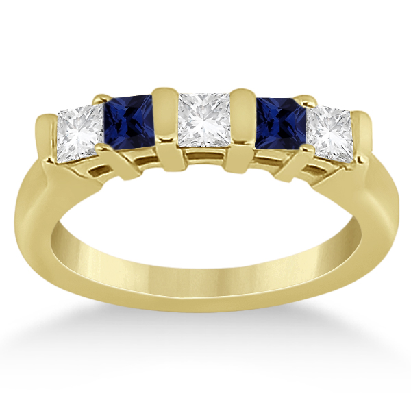 5 Stone Diamond & Blue Sapphire Princess Ring 18K Yellow Gold 0.56ct