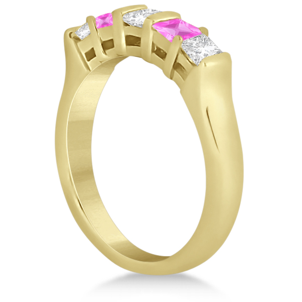 5 Stone Diamond & Pink Sapphire Princess Ring 18K Yellow Gold 0.56ct
